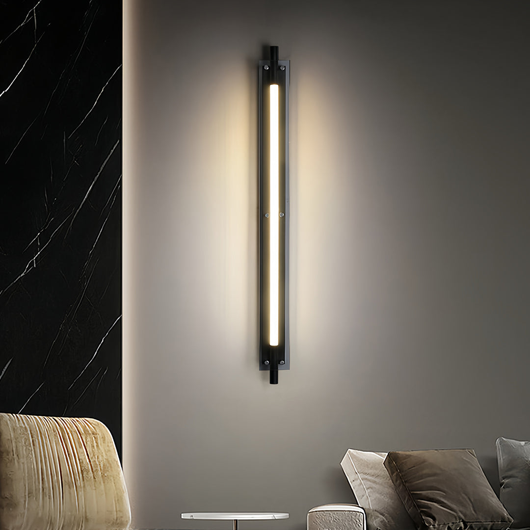 Warm glowing led wall strip lights mounted on a textured wall, enhancing depth and modern interior atmosphere.