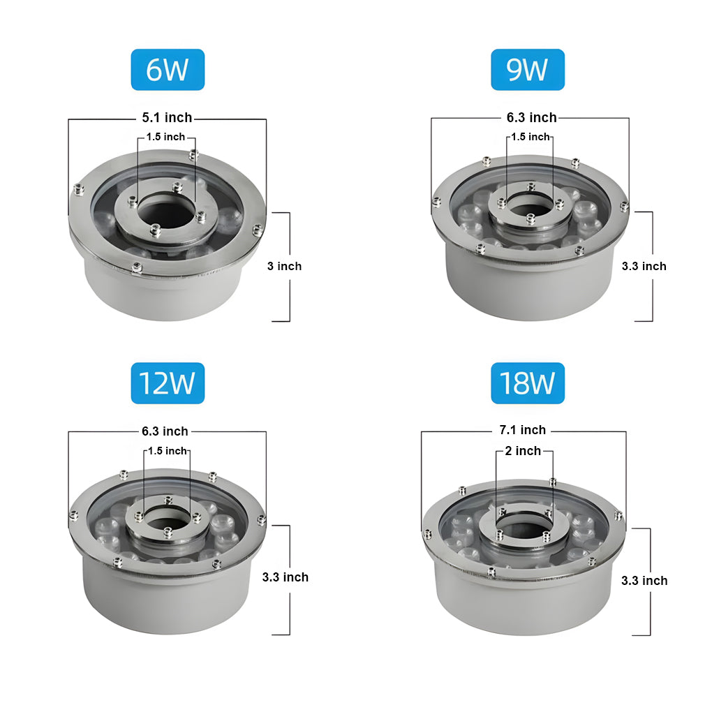 Set of four stainless steel water fountain lights in 6W, 9W, 12W, and 18W with detailed size dimensions for outdoor use.