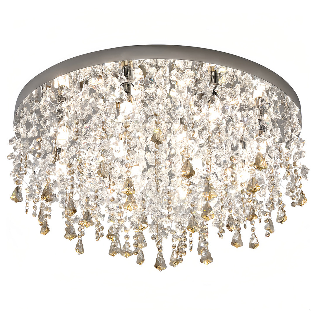 Luxurious unique crystal chandelier with flowing champagne crystal droplets in waterfall arrangement