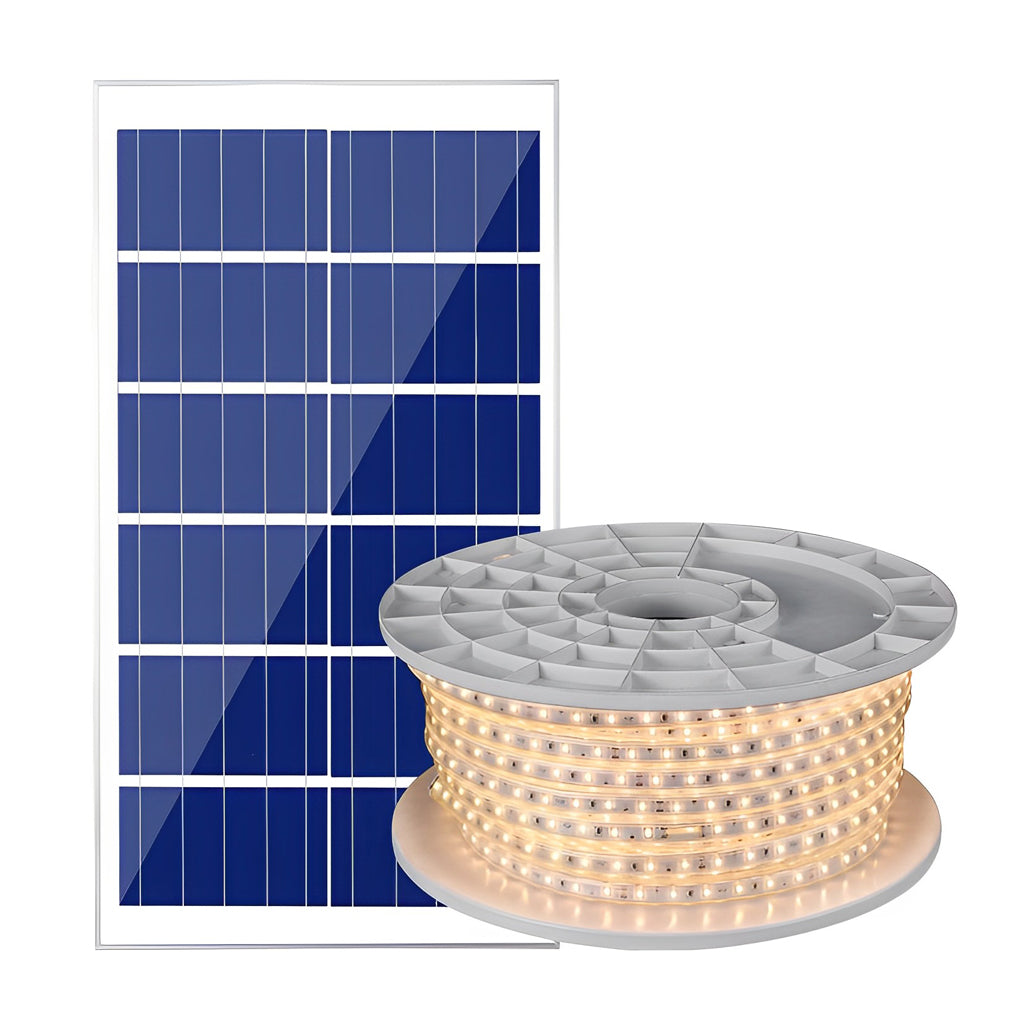 Waterproof LED light strips product display with solar panel and rolled strip, highlighting energy-efficient outdoor lighting system.