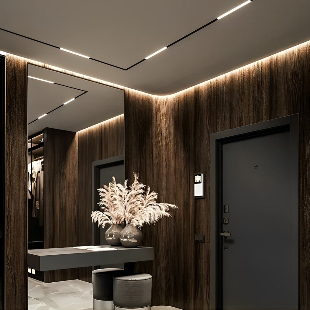Waterproof LED strip lights integrated into modern hallway ceiling design