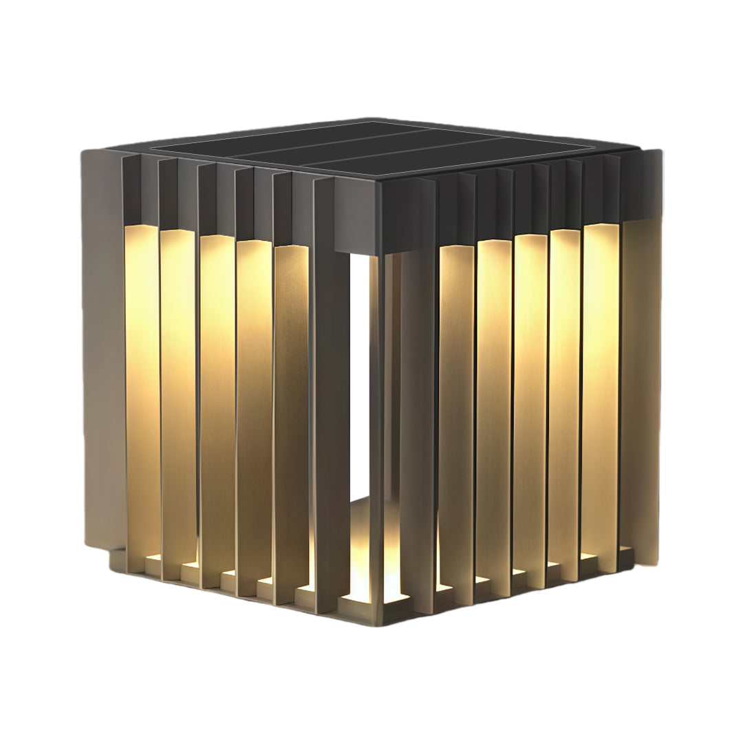 A premium waterproof outdoor pillar light with a clean black frame and evenly spaced warm glow, ideal for pathways.