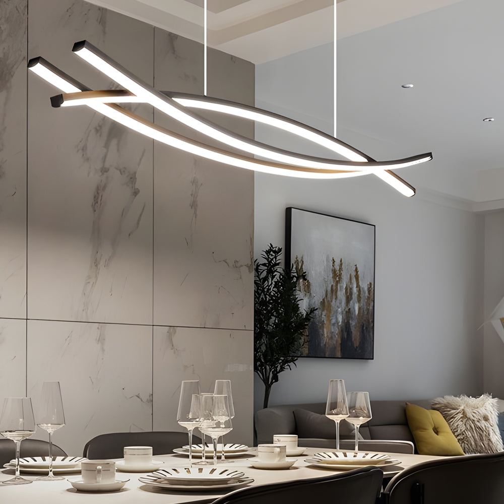 Wave hanging light in a contemporary dining room with neutral tones