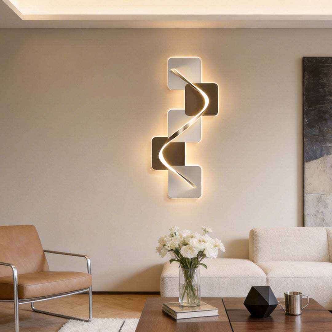 Wave pattern wall sconce with a close-up of its elegant wave light design.