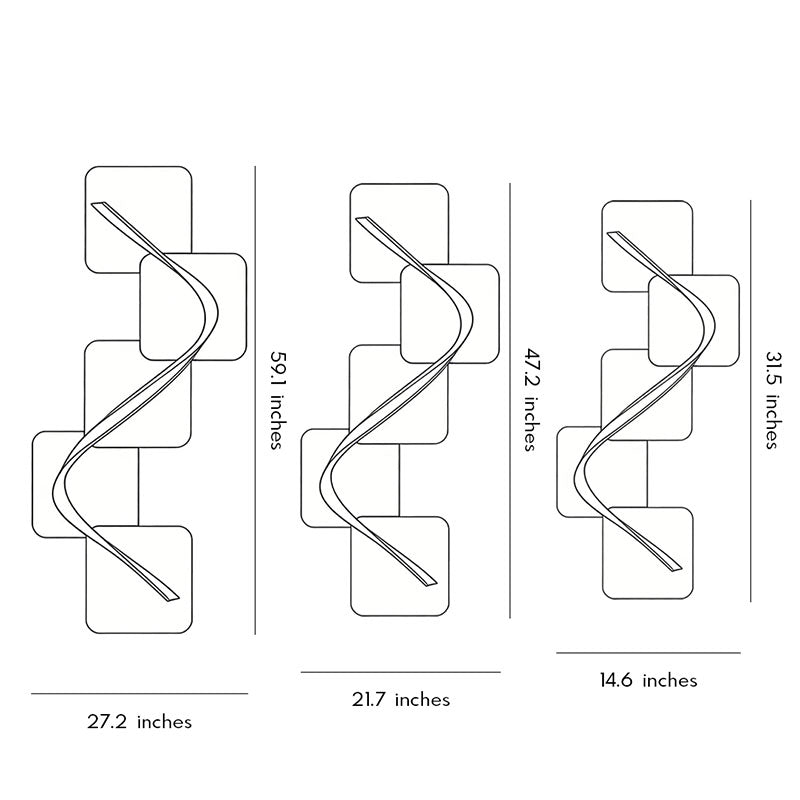 Technical diagram showing dimensions and structure of wave pattern wall sconce models.