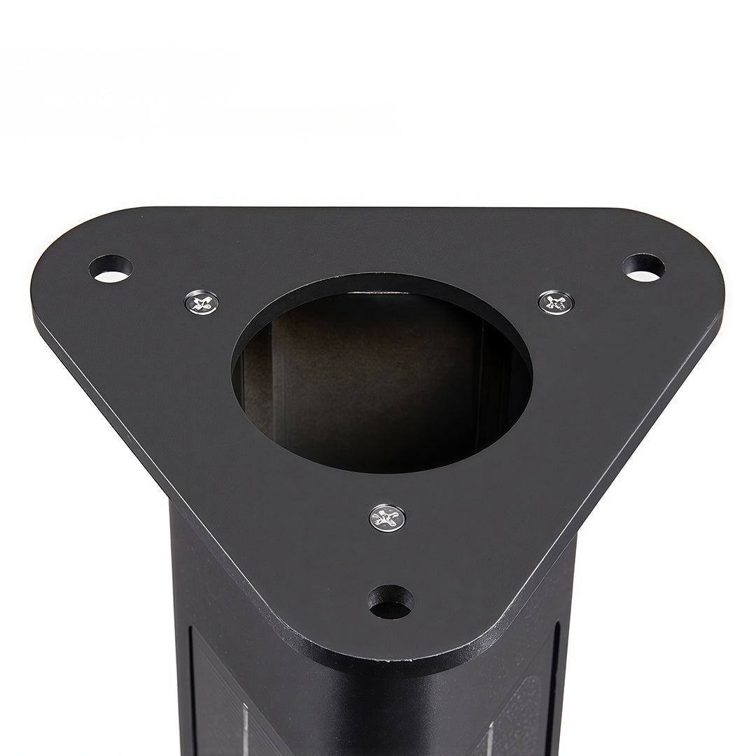 Base detail of black solar bollard lighting, highlighting its sturdy and weather-resistant construction.