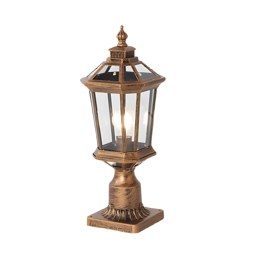 Weathered bronze post light with traditional lantern design displaying authentic aged patina finish