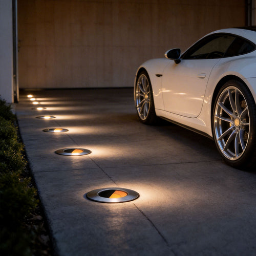 Well lights in concrete with a warm glow, lighting up a driveway beside a car.