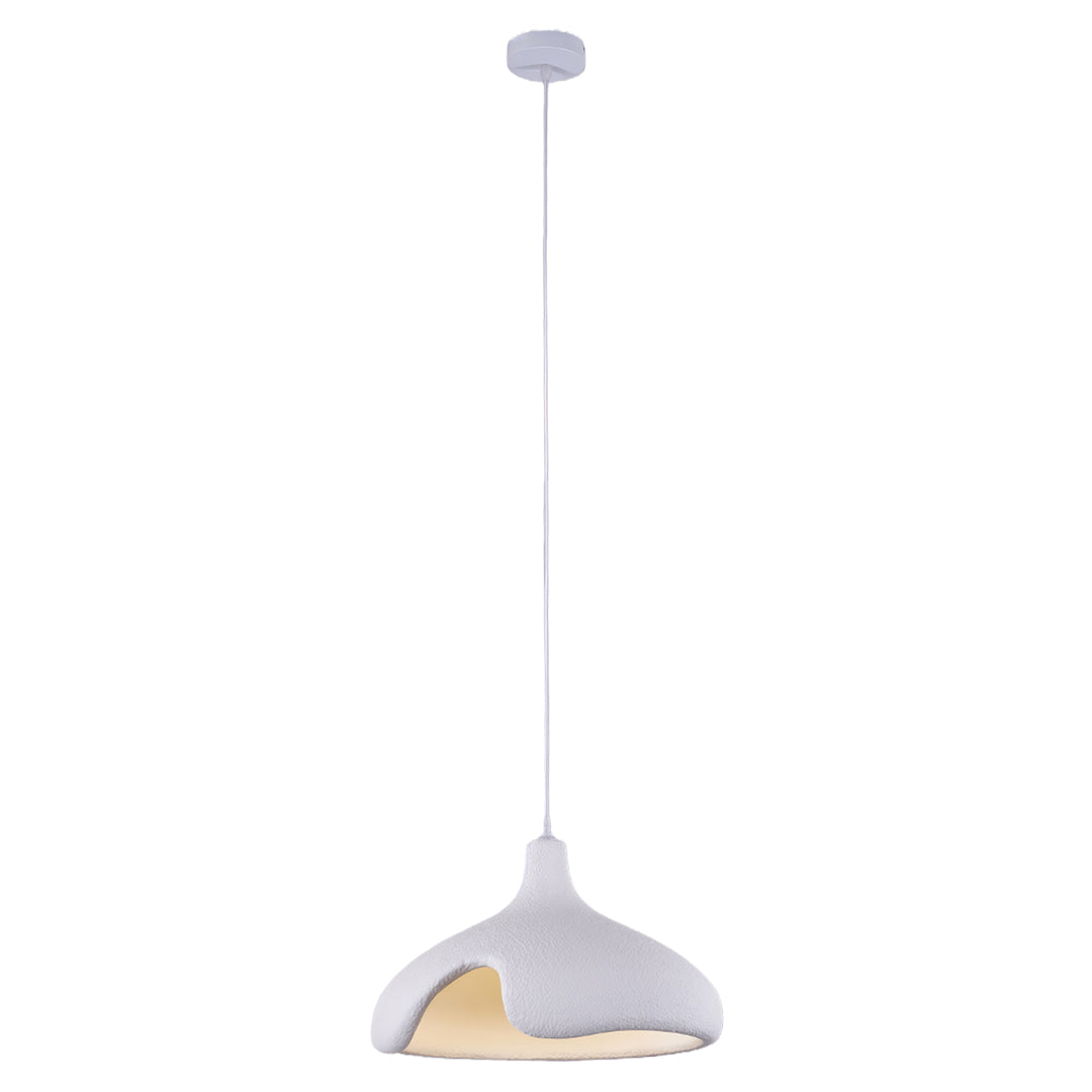 White cement pendant light with natural matte surface and subtle gold interior accent.