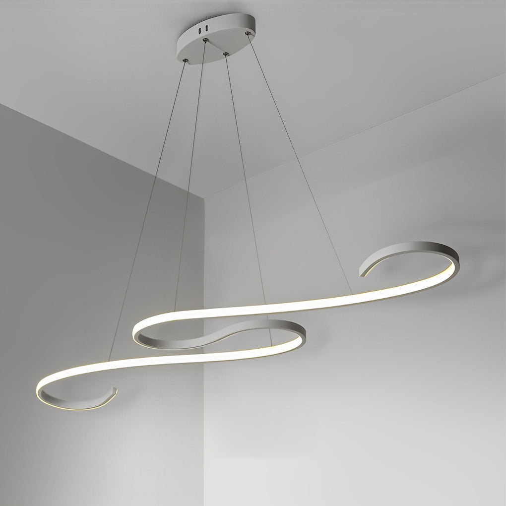 Close-up of white chandeliers, showcasing the sleek metal frame and integrated LED lighting.