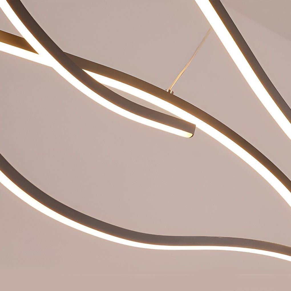 White curved LED pendant light product view with slim suspension wires.