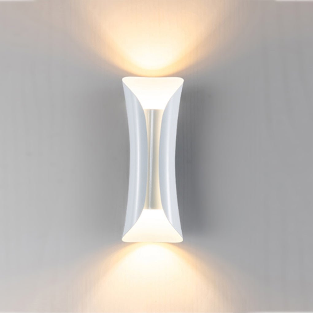 White indoor up down wall lights with symmetrical light distribution.