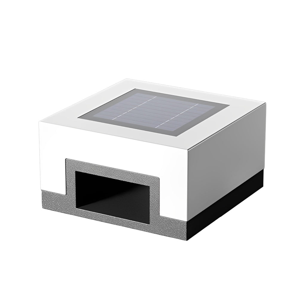 White modern solar front lawn light product view with clean geometric form.