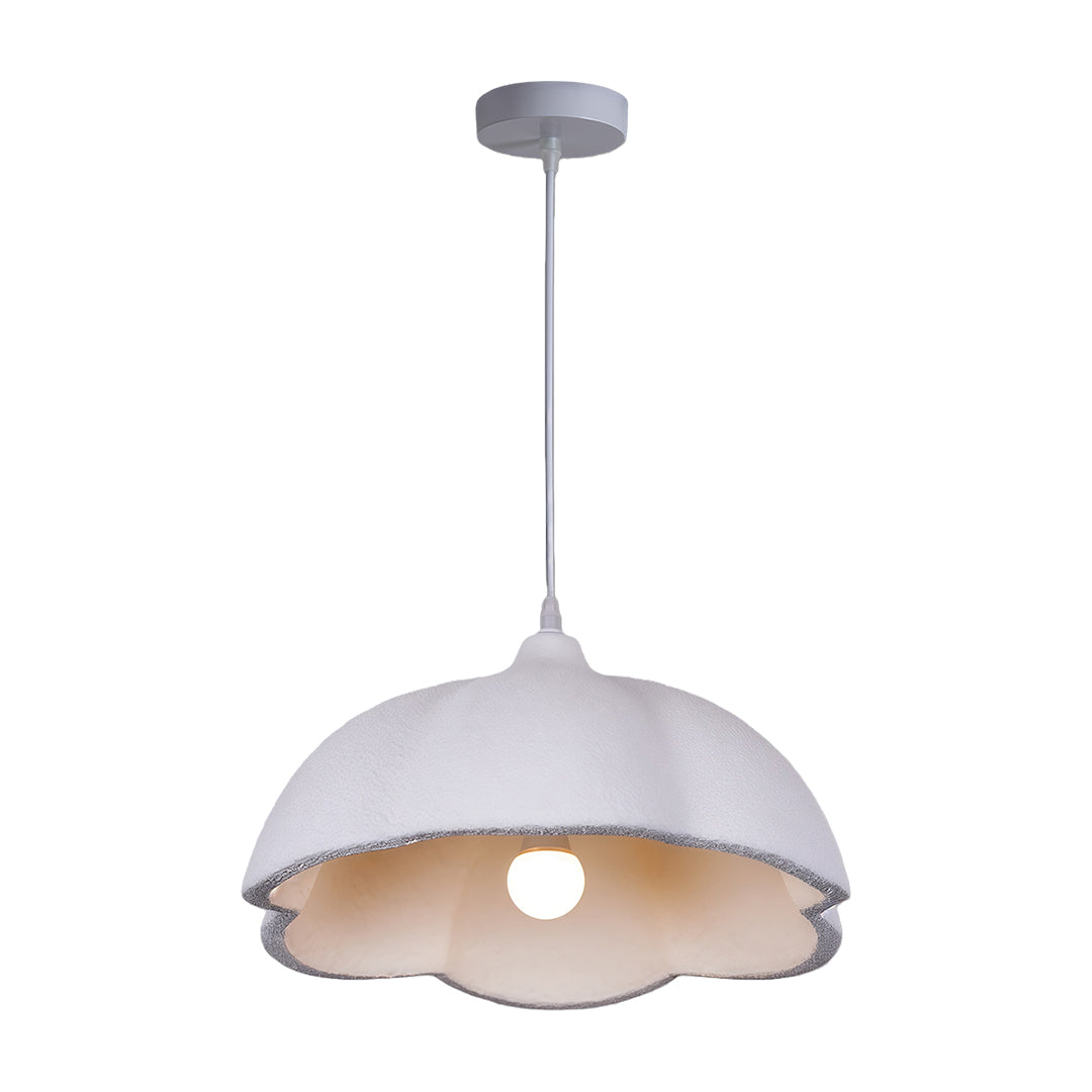 White vintage metal pendant light with smooth curved dome and gold interior, minimal classic style.