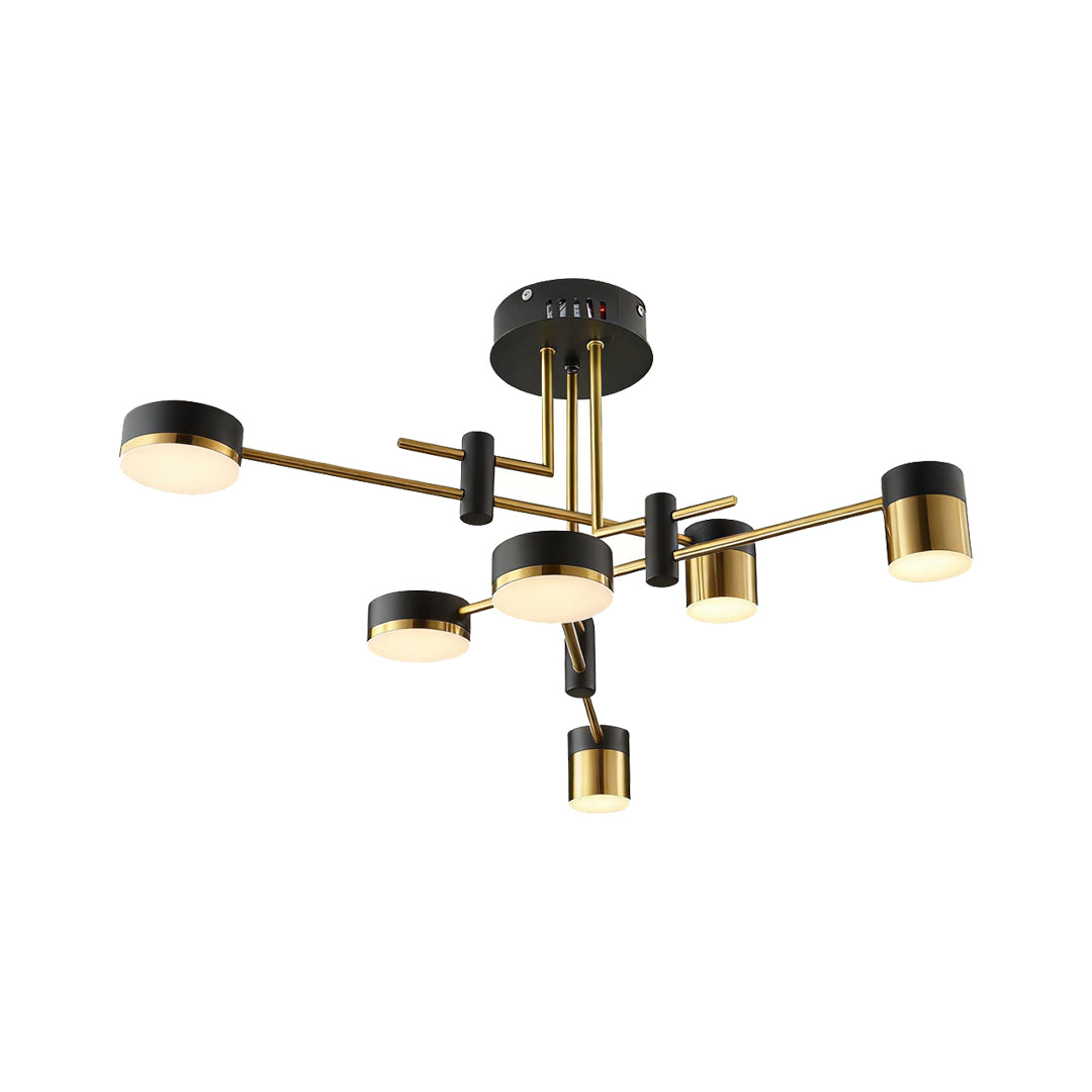 Wide black and gold sputnik ceiling light with symmetrical arm layout and modern aesthetic.