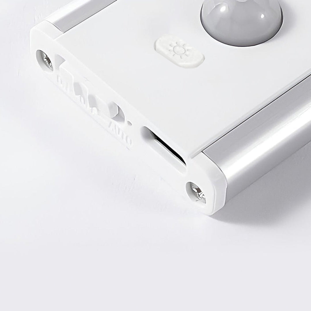 Close up showing the Type-C charging port and durable aluminum alloy build of the portable wireless under cabinet lighting.