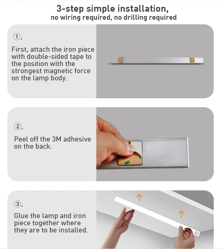 Wireless under cabinet lighting with motion sensor and touch switch dimming color.