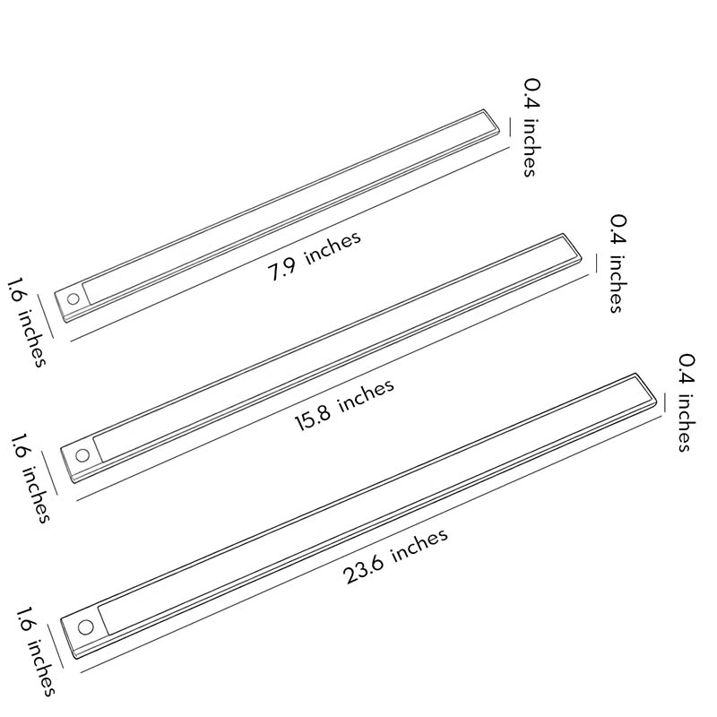 Technical size chart of wireless under cabinet lighting showing three length options in inches.