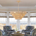 Close-up detail of a Japanese style chandelier's wood and crystal beads, emphasizing its organic and refined style.