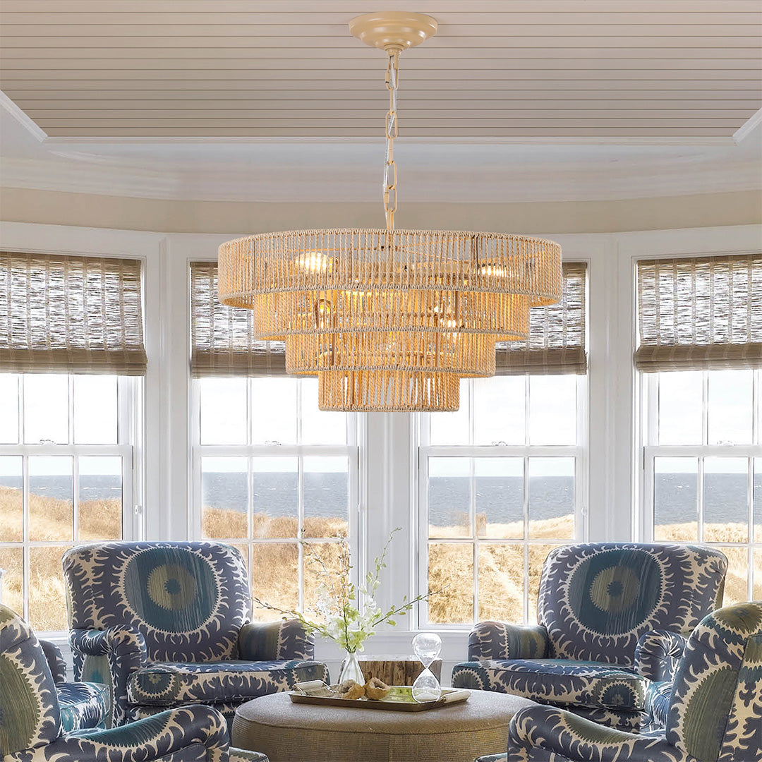 Close-up detail of a Japanese style chandelier's wood and crystal beads, emphasizing its organic and refined style.