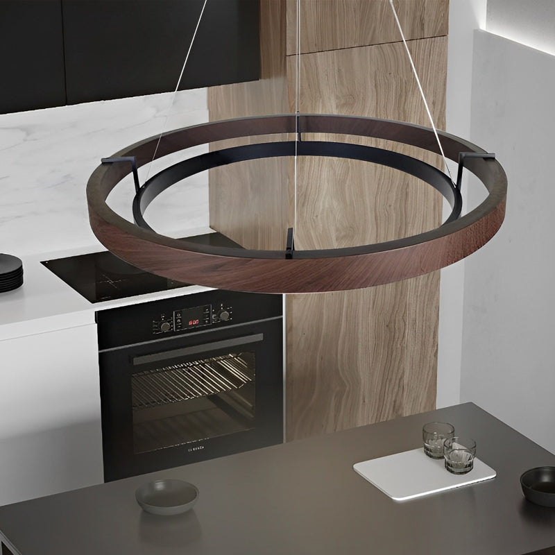 Wood ring pendant light with a close-up of its wooden and metal structure.