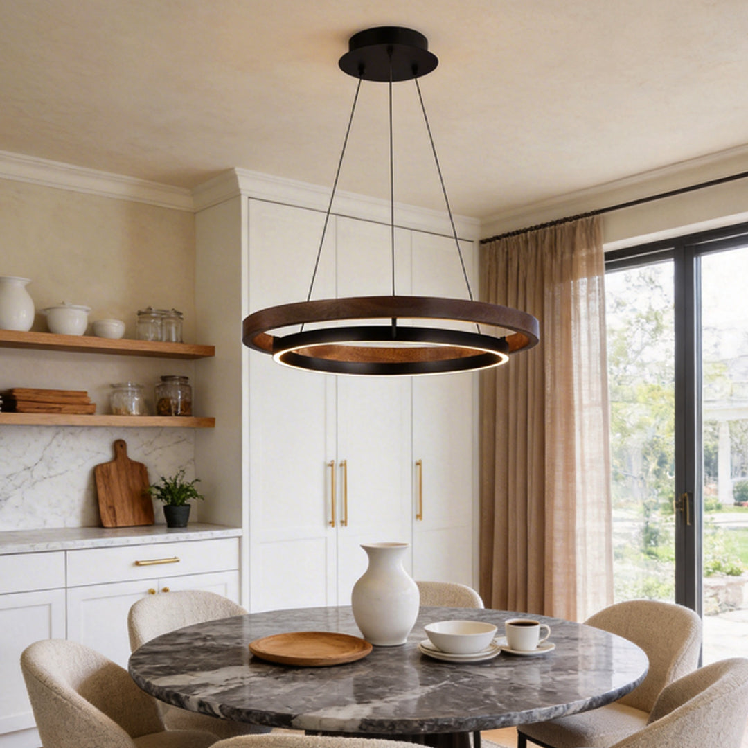 Wood ring pendant light with a modern design, enhancing a contemporary kitchen setting.