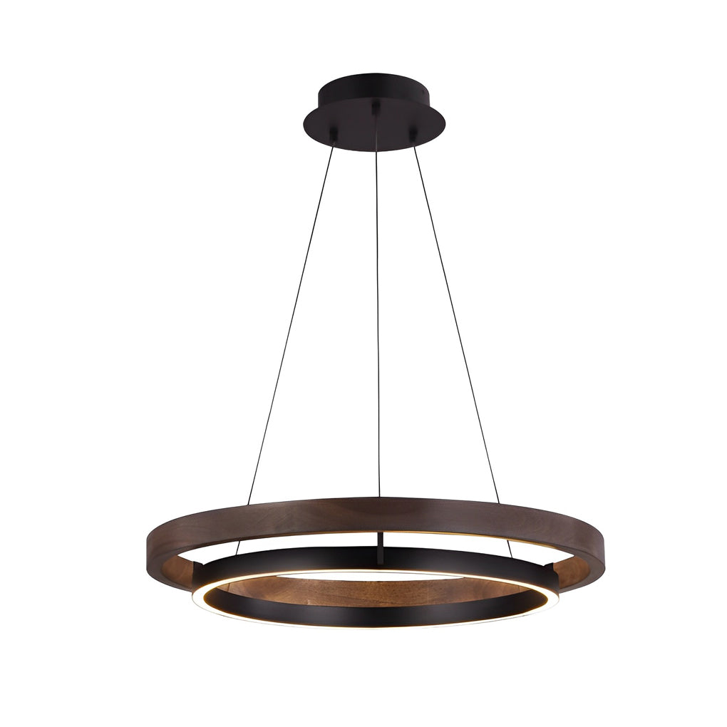 Technical diagram showing dimensions and structure of wood ring pendant light models.