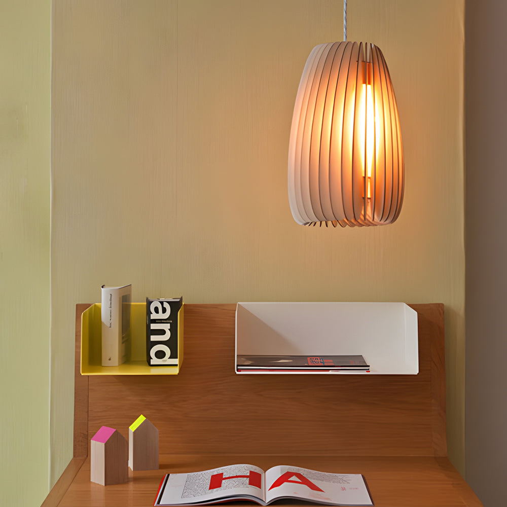 Wood slat pendant light with a close-up of the layered wooden slats.