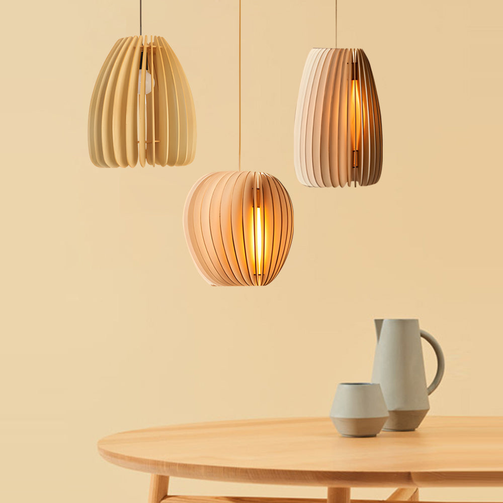 Wood slat pendant light enhancing a contemporary dining area with rustic charm.