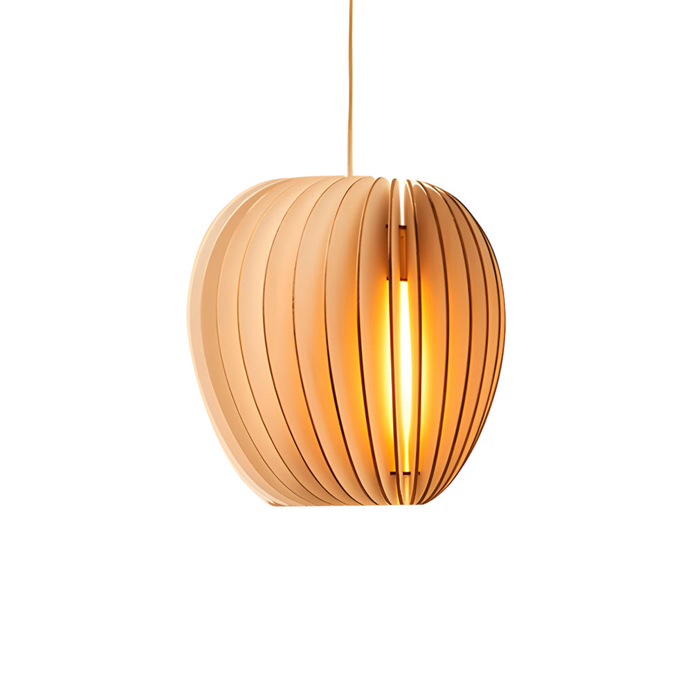 Wood slat pendant light in light wood, side view of the minimalist design.