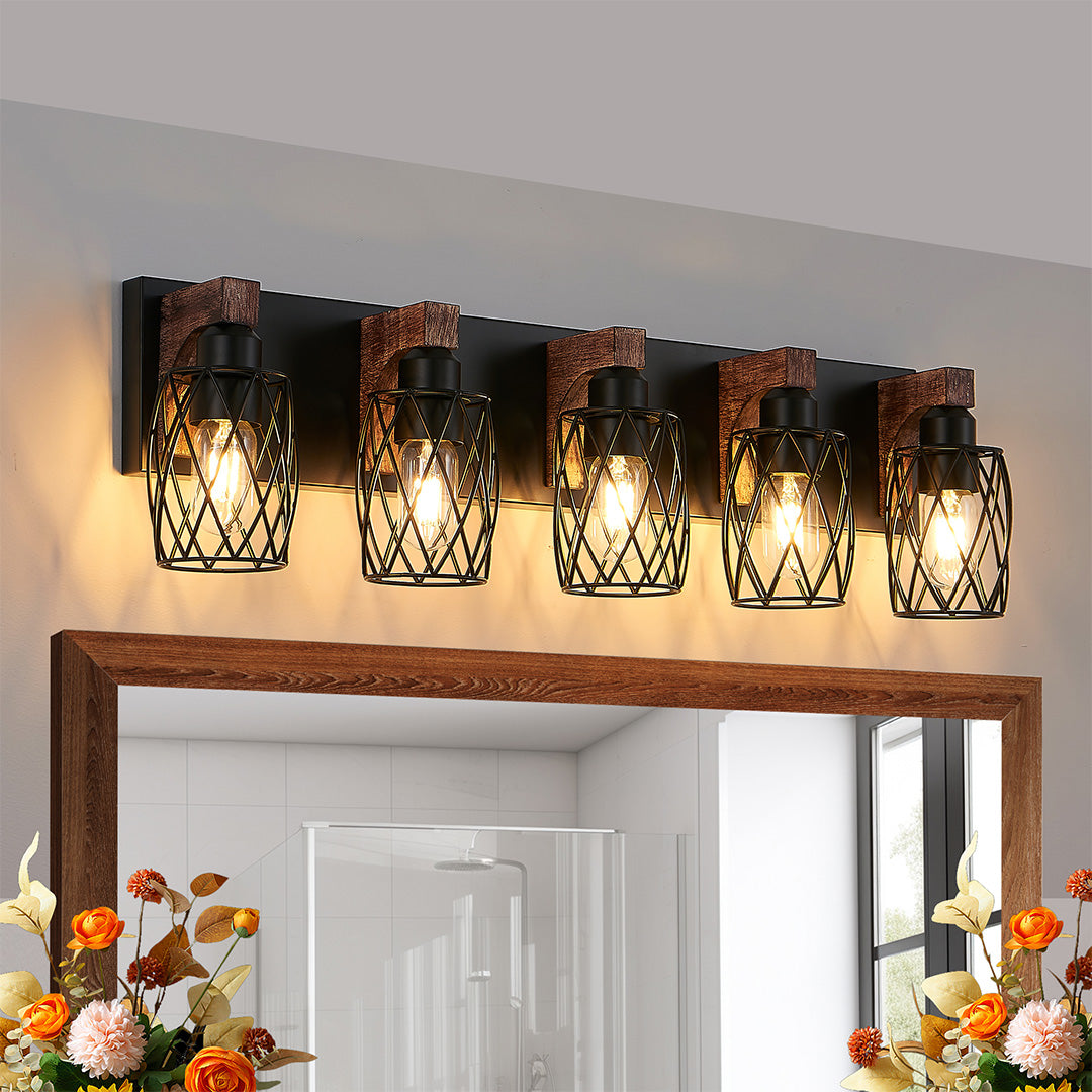 Black vanity bathroom light with three bulbs, adding a contemporary touch to a bathroom with a wooden vanity.