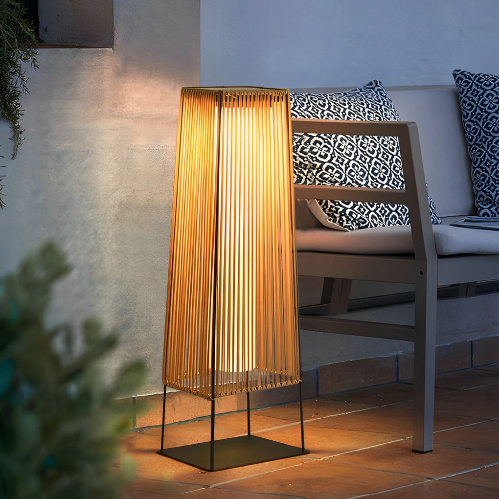 Woven floor lamp with a close-up of its glowing woven texture and modern design.