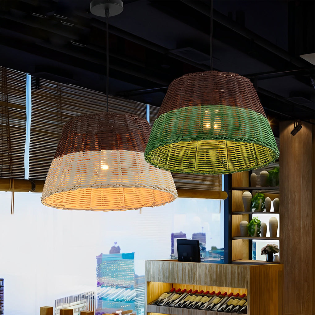 Woven pendant lamp enhancing a contemporary restaurant with handcrafted, earthy design.
