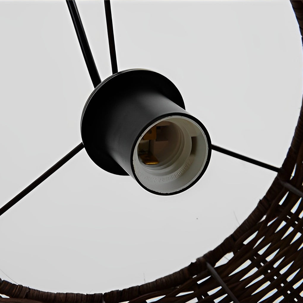 Woven pendant lamp displayed from below, showcasing detailed craftsmanship.