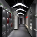 Spacious meeting room illuminated by a modern wrought iron chandelier, creating a stylish and professional atmosphere.
