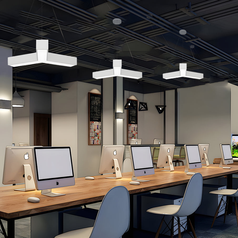 Y shape linear lights used in an open office workspace