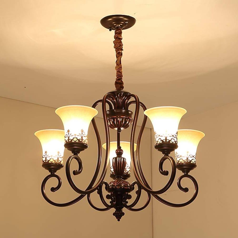 5 - light Bending Metal Bar Upside Down Glass Shade Vintage Chandelier Ceiling Light