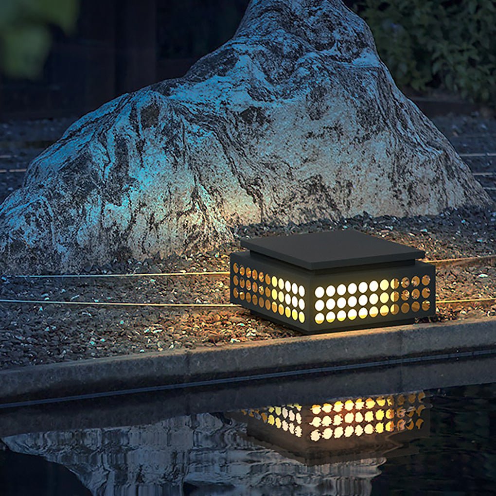 Zen garden light with a close-up of the geometric design and warm light effect.